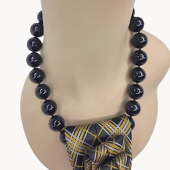Artisan Vintage Tie Necklace Jardine Black Yellow Stripe Pendant Chunky Beaded