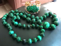 Green malachite topaz GP/sterling brutalist style bracelet (Barthe) and necklace