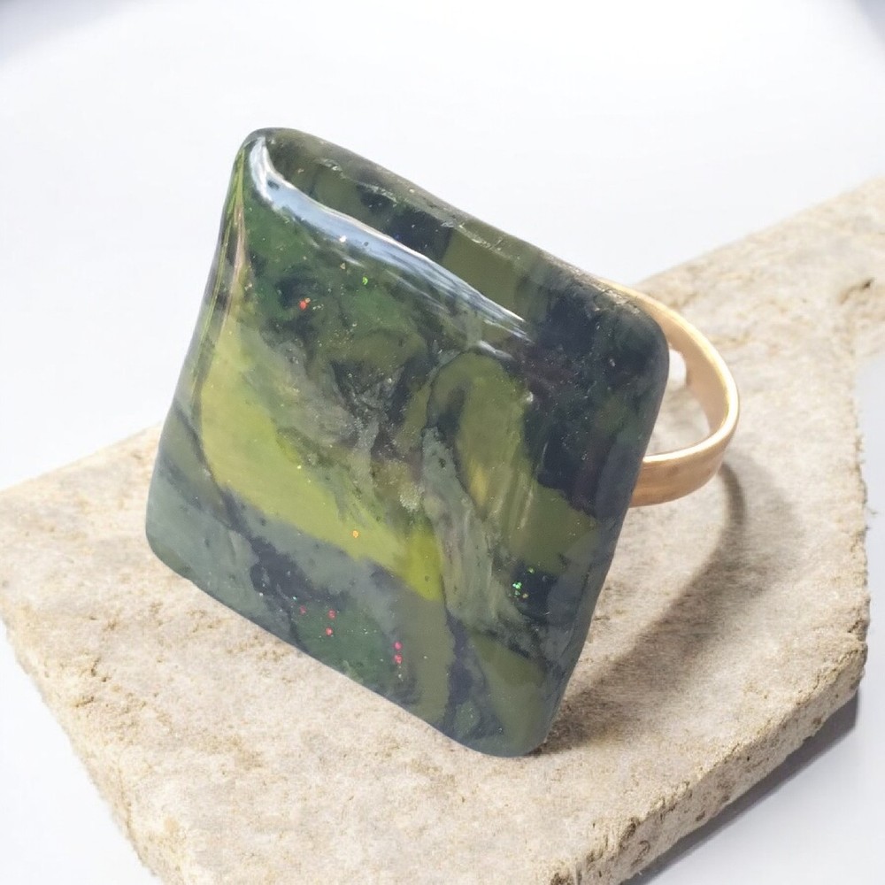 Handcrafted Gold Adjustable Polymer Clay Ring Square Green Yellow Black