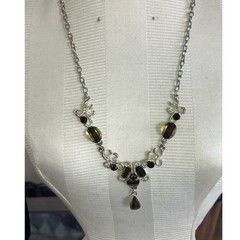 Vintage Silver Tone Necklace with Brown & Gold Tone Beads and Earrings