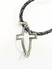 Artisan Black Leather Cord Silver Tone Cut Out Cross Pendant Necklace 20 Inches