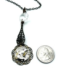 Antiqued Brass Crystal Steampunk Vintage Winton 17 Jewel Watch Necklace