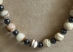 Artisan Agate hematite 26 inch beaded necklace Silvertone clasp