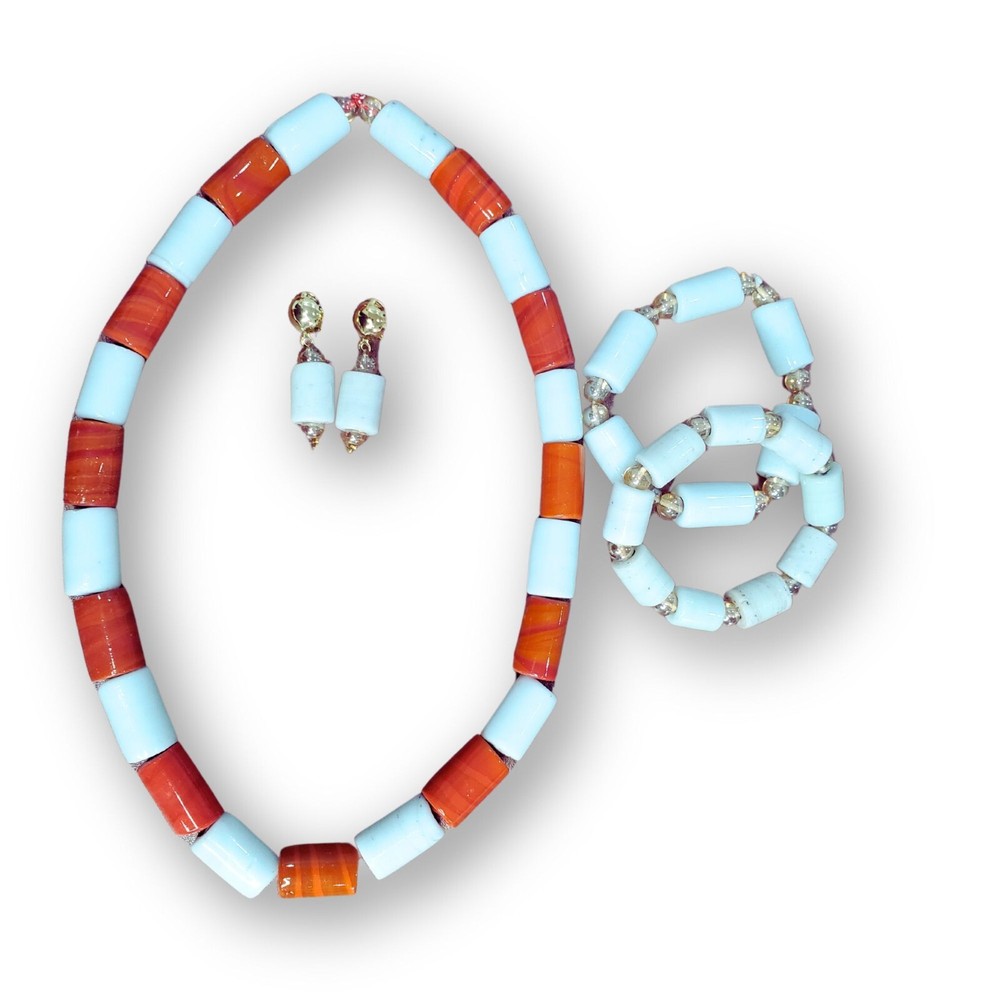Original Red/White Coral Bead Necklace, Bracelet Set, African Bridal Jewelry Set