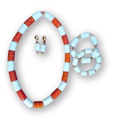 Original Red/White Coral Bead Necklace, Bracelet Set, African Bridal Jewelry Set