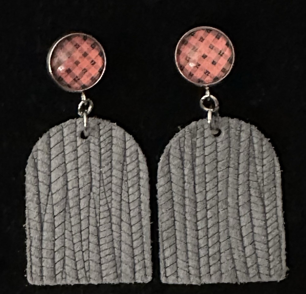 Silver Tone Round Buffalo Check Stud Gray Faux Leather Arch Dangle Earrings