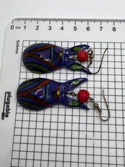 Painted Wood Cat Alebrije Style Dangle Earrings Blue Folk Art Boho Figurine