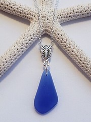 «Ocean Blues» Petite Cultured Sea Glass Necklace w/ Leaf Accent, PICK YOUR COLOR