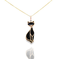 14K Solid Gold Black Cat Pendant Necklace Hand-Painted Cat Pendant, Cat lover