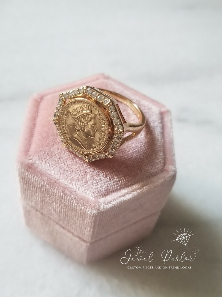 Windsor One Penny Coin Ring 14K Gold Vermeil Queen Elizabeth CZ Size 6 7 8 9 10
