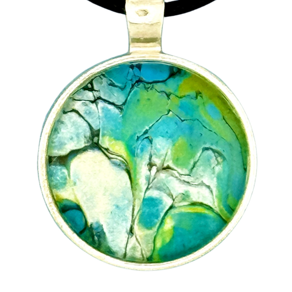 Pendant Necklace Handmade «Burbling Stream» Silver Bezel 25mm Black Cord
