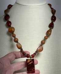 Artisan Carnelian Agate Statement Necklace 20″ Chunky Bead Boho Pendant