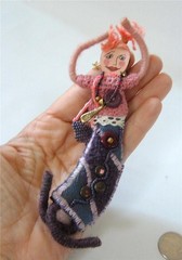 Vintage Fiber Art Mixed Media Hand Crafted Wild Woman Brooch Pin Colorful 8″