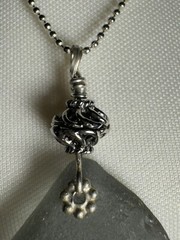 Sea Glass Grey Necklace Silver Plated Ball Chain 18” W/Extender Antiqued Bead