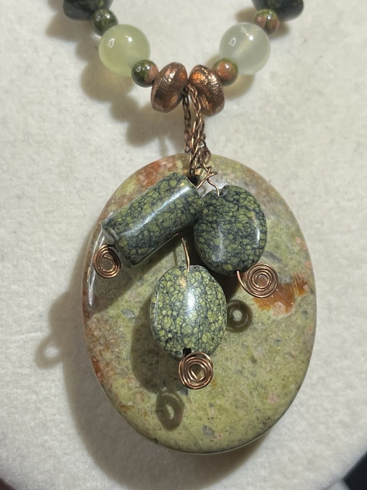UNAKITE JASPER Pendent..green, Pendent Oval 1.75” Strung On Copper&Jasper Beads