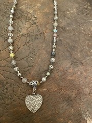 Retro Antique Silver Moroccan Heart Pendant Jasper Crystal Agate Bead Necklace