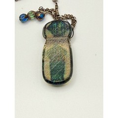 Artisan Dichroic Fused Glass Pendant Necklace Green Blue Iridescent Wire Wrapped