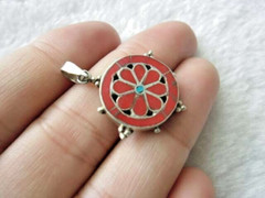Tiny Handmade Tibetan Dharma Chakra Pendant Red Coral & Turquoise Flower Silver