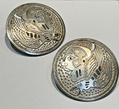 Vintage Large Nickel Plated (NP) Aztec Eagle Warrior Earrings 1 1/2″ Diam.