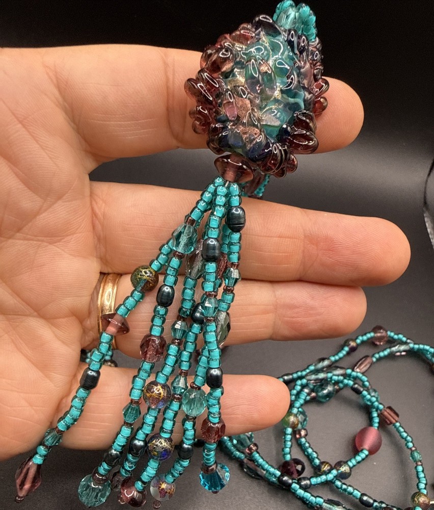 Lampwork Glass Tassel Pendant Necklace Multicolor 26” Necklace 4.5” Pendant