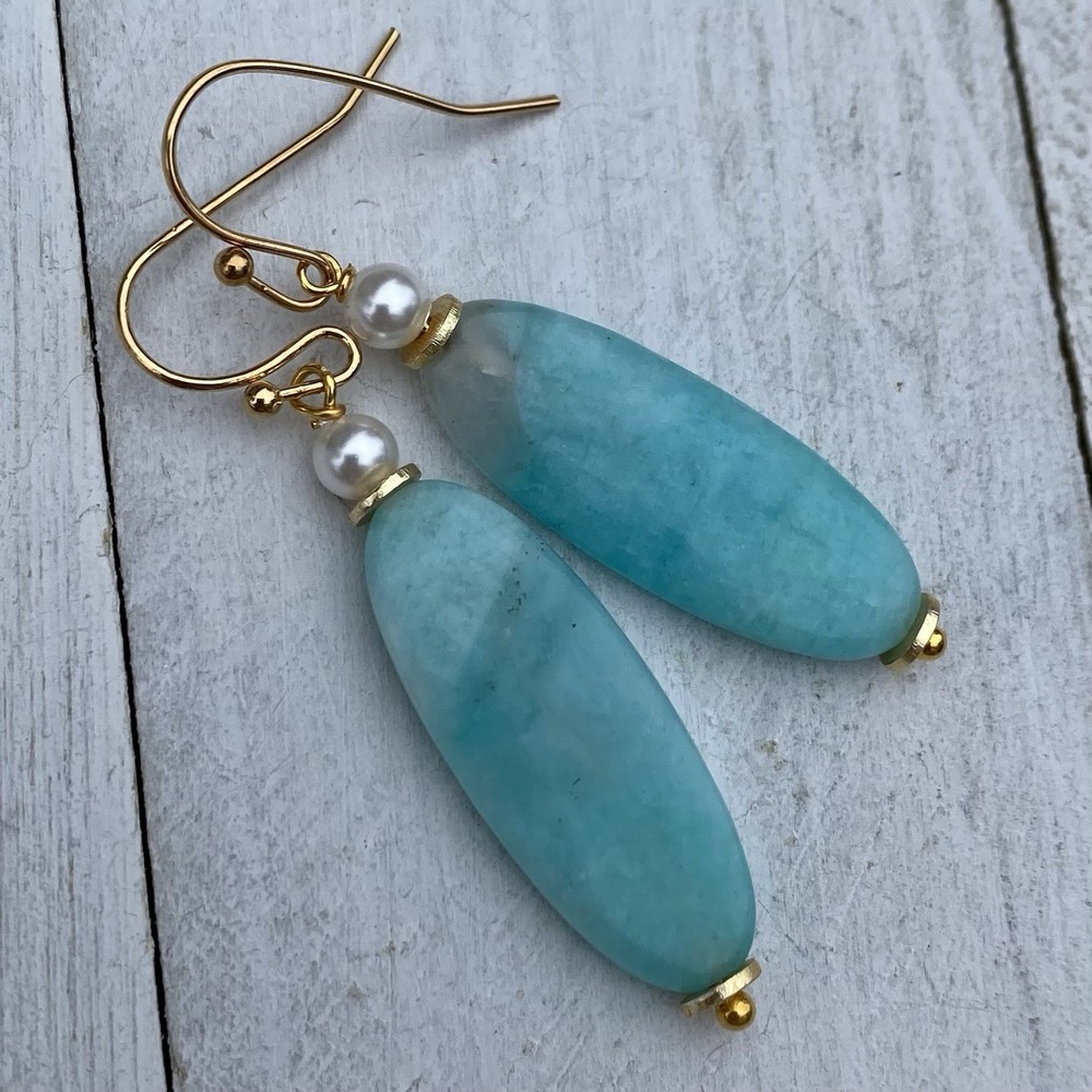 Min Favorit Blue Amazonite Stone, Freshwater Pearl & Gold Pl Artisan Earrings