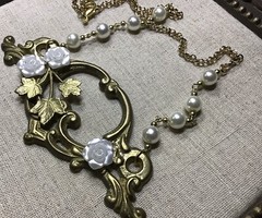 Rose Necklace- Leaves & Roses On Vintage Hardware,faux Pearl Beads , 20” Chain