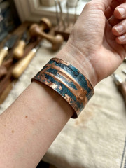 Handcrafted artisan copper cuff bracelet w/ striking blue-green verdigri 6.5 in.