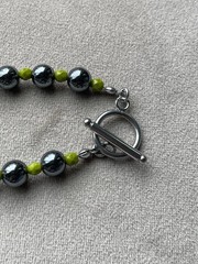 HEMATITE & OLIVE GREEN GLASS Beads Unisex Necklace 19.5” Stainless Toggle