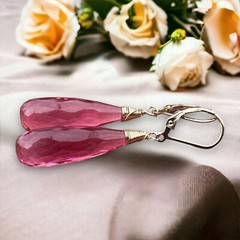 Lab Made Pink Tourmaline Wire Wrapped Earrings 14K Gold Filled , 8th Anniversary