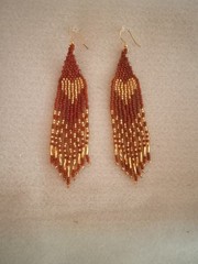 Handmade African American Seed Beaded Brown and Gold Heart Earrings