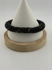 Glass Seed Beaded Handcrafted Black Gold Bangle bracelet S 7 3/4 In SKU B-101