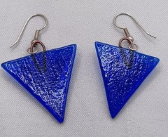 Fused Art Glass Earrings Cobalt Blue, Yellow, White, Triangle Dangle Earrings