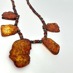 Vintage Baltic Amber Statement Necklace 21” Cognac Slab Beads Copper Toggle Boho