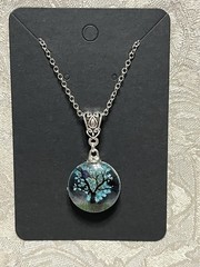 Pendant Nature Flower Tree Lacework Glass Two Sided Silver 18” Boho Necklace