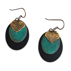 SILVER FOREST Green Patina Black Oval Asian Motif Earrings Pierced Layered 1.75”