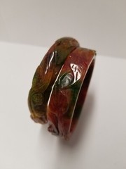 Two Carved Leaf Red Brown Green Jade Bangle Bracelets I.D. 60mm W. 6mm H. 15mm