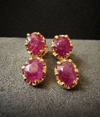 18K Yellow Gold Natural Burma Mogok Unheated Ruby Drop Earrings, 7.25 cts