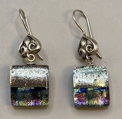 VTG Dichroic Art Glass Earrings Silver Blue Square 1.5” .925 Dangle Brighton?