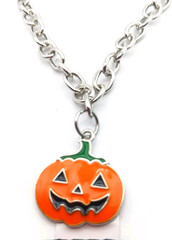 Jack O Lantern Halloween Silver Tone Pendant Necklace-21 Inches