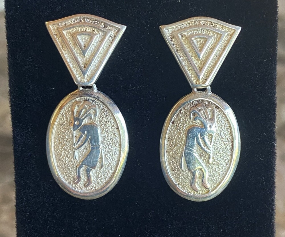 VTG Kokopelli Earrings Sterling Silver 925 Signed Rogers Pierced Drop Dangle