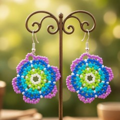 Huichol Style Beaded Flower Earrings Handmade Blue Purple Beaded Floral Dangles