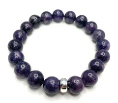 Rare 10mm Purple Lepidolite Gemstone & .925 Silver Bead Bracelet