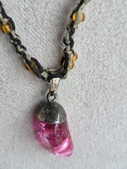 Unisex Hippie Hand Made Minamilist Pink Tourmaline Woven Cord Necklace