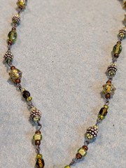 Handmade Lariat Necklace Green Glass Beads Silver Charm