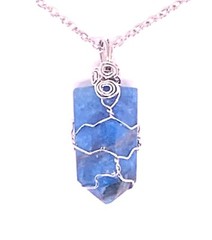 Natural Blue Apatite Quartz Crystal Point Wire Wrapped Pendant Necklace