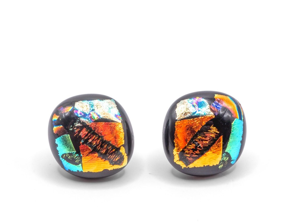 Handcrafted Black Multicolor Dichroic Glass Stud Earrings – Cabochon Square 15mm