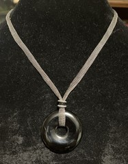 Hematite Donut Pendant Necklace Sterling Silver Mesh & Slider Beads 17”