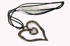 Hand Made Necklace dual hammered look hearts leather strap 4″ lg heart