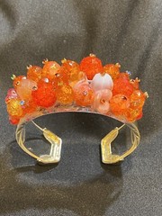Handmade Orange Crackled Glass Beaded Acrylic Cuff Bracelet w/Rhinestone Accents