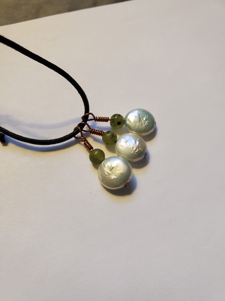 Jade And Freshwater Pearl Pendant Copper And Black Cord Adjustable Minimalist